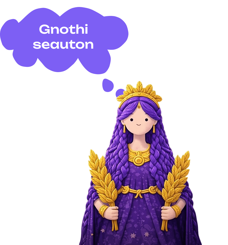 Demeter, Seauton's purple-haired guide, with the words Gnothi seauton