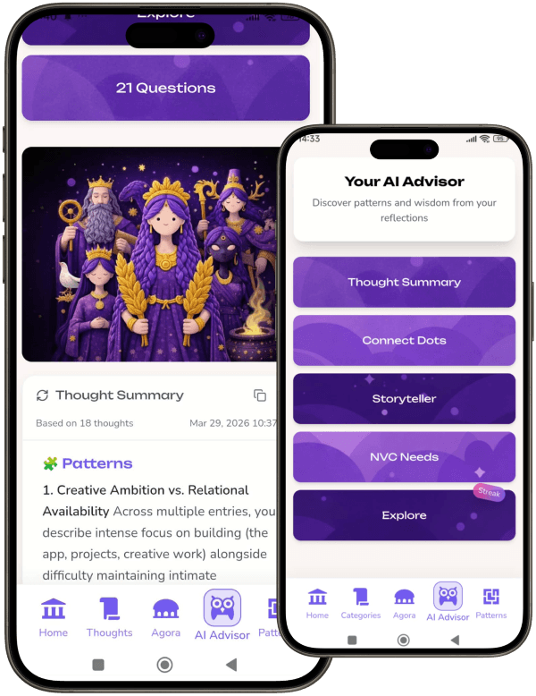 Seauton app screens showing Thought Summary and AI Advisor